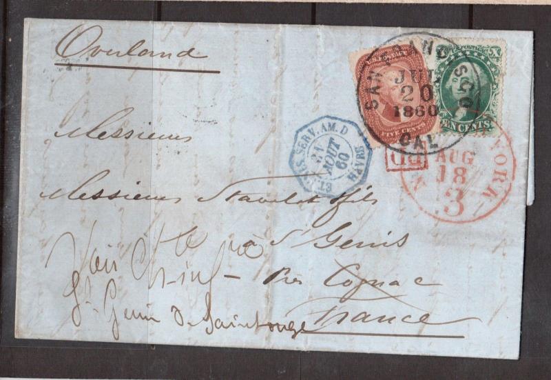 USA #27 & #35 Used On Very Attractive Folded Letter To France With Lovely Cancel