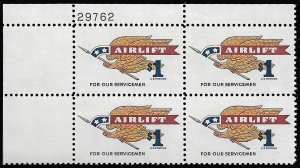 US #1341 Plate Block, VF/XF mint never hinged, SUPER FRESH PLATE  $1 Airlift,...