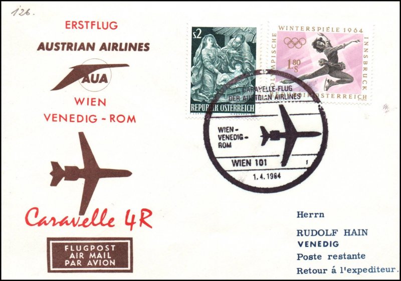 Austria Austrian Airlines Vienna to Venedig 1964 1st Flight Cover