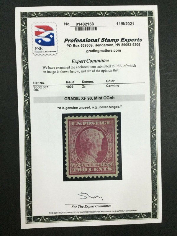 MOMEN: US STAMPS #367 MINT OG NH PSE GRADED CERT XF-90 LOT #74470