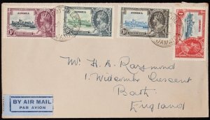 JAMAICA 1935 Airmail cover franked KGV Silver Jubilee set. To England.