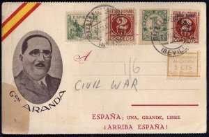 SPAIN 1937 CIVIL WAR ISSUES ON CARD TIED SEVILLS CANCELS WITH CACHET OF GENERAL