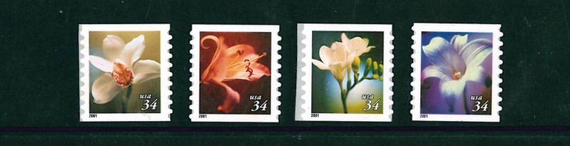 US Scott # 3478 - 3481 - .34  Flowers, SA Coil Set Of 4 Singles