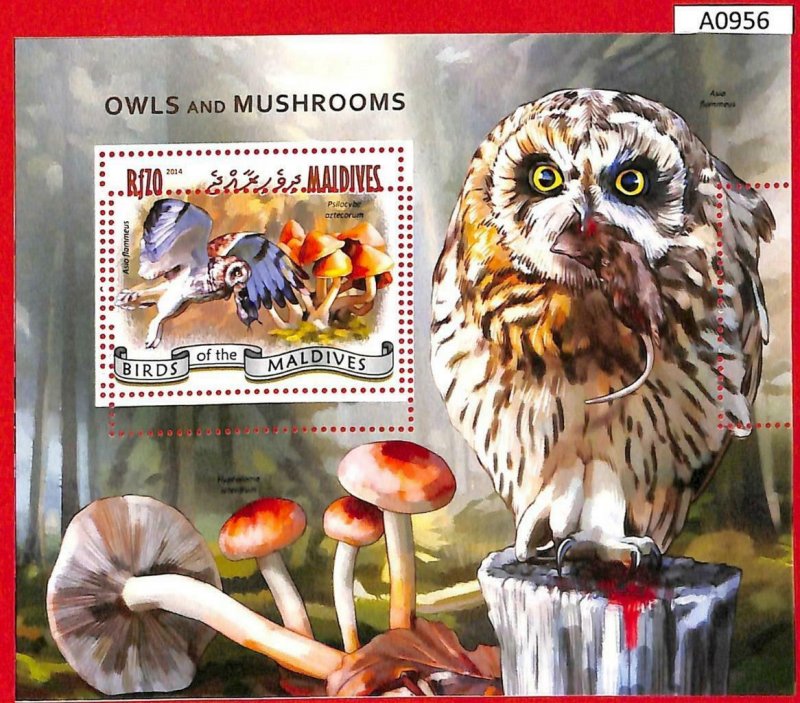 A0956 MALDIVES - ERROR  MISPERF SHEET - 2014  BIRDS owls MUSHROOMS СОВЫ ГРИБЫ