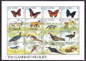 Gambia, Scott cat. 1062 a-p. Butterflies, Birds & Mammals, sheet of 16.