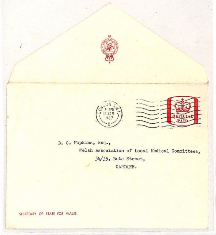 GB WALES Cover OFFICIAL PAID Red *Secretary State* Stationery 1967 Cardiff PP236 