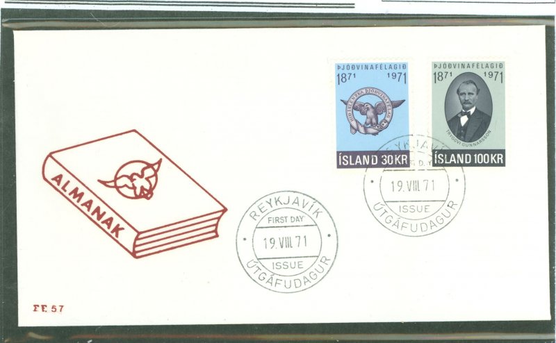 Iceland 433-434 1971 Century of the Patriotic Society set of two on an unaddressed cacheted first day cover.