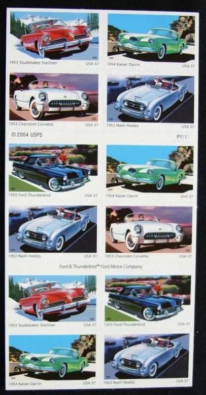 US #3935B MNH Booklet Pane of 20 Sporty Cars SCV $18.00