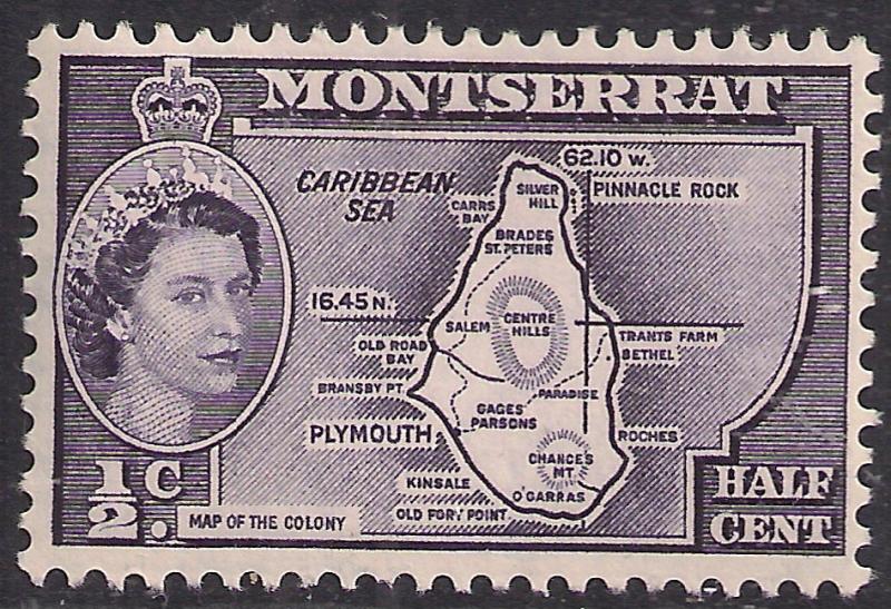 Montserrat 1953 - 62 QE2 1/2 ct Deep Violet Umm SG 136b ( E119 )