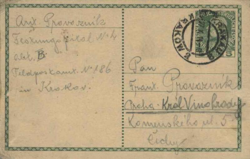 Austria 5h Franz Josef Postal Card 1914 Krakau 2, Krakow 2 to Prague.