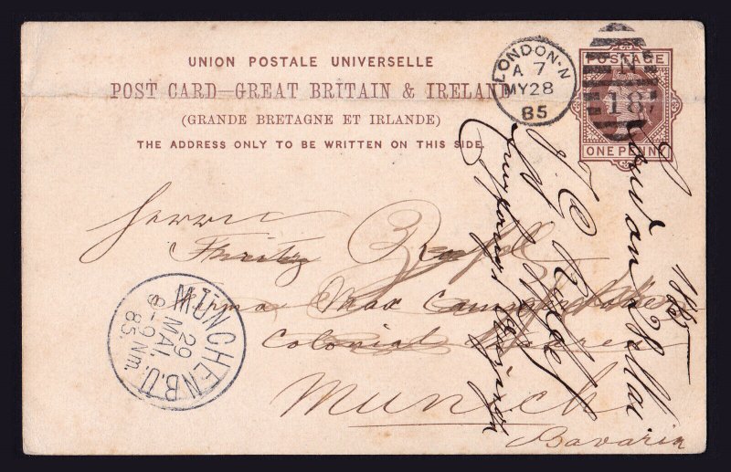 1885 QV POSTCARD (UNION POSTALE UNIVERSELLE) TO MUNICH BAVARIA - LONDON POSTMARK