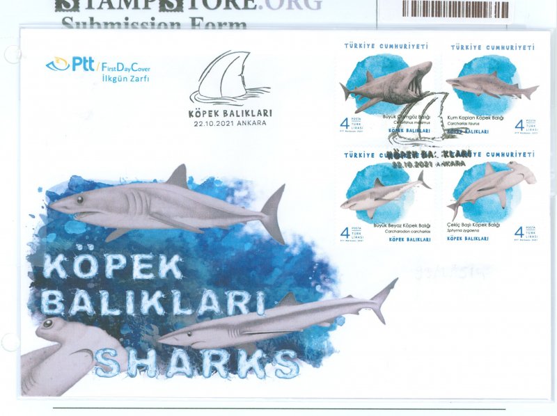 Turkey 3773-3776 2021 Sharks & Rays, Marine Life, nature; First Day Cover, four stamps set