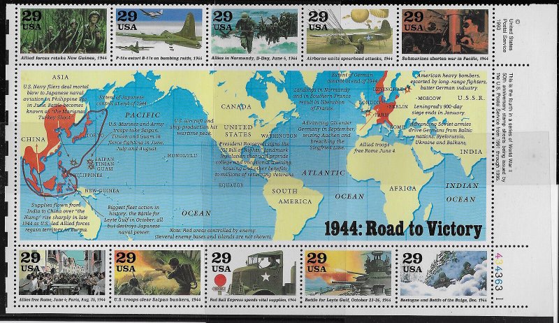 US Scott #2838, Plate Block #4343631 1994 Road to Victory 29c VF MNH