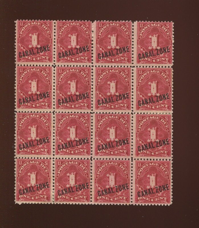 Canal Zone J1 Postage Due Mint Block of 16 Stamps (CV 1070)