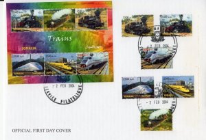 Somalia 2004 TRAINS LOCOMOTIVES Sheet + set Perforated in F.D.C