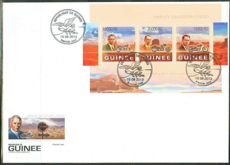 GUINEA 2013 110th ANNIVERSARY OF THE HARLEY DAVIDSON MOTORCYCLE SHEET  FDC