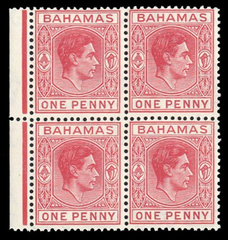 Bahamas #101 Cat$28+ (for hinged), 1938 1p carmine, block of four, never hinged