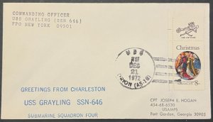 USS GRAYLING SSN-646 GREETINGS FROM CHARLESTON DEC 1972 NAVY CACHET