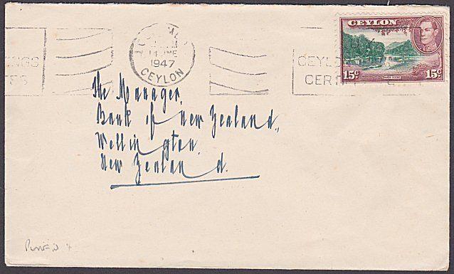 CEYLON 1947 cover to New Zealand, GVI 15c PERFIN Chartered Bank of India...87396