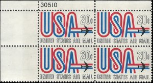 Scott # C75 1968 20c multi Litho& USA & Airplane  Plate Block - Upper Left - ...