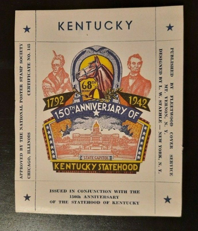 1942 150 Years Kentucky Statehood Abe Lincoln Poster Stamp Staehle Illustrated