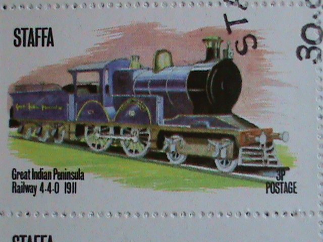 STAFFA STAMP-1974- COLORFUL WORLD FAMOUS TRAINS CTO S/S SHEET VERY FINE