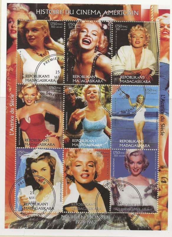 Thematic stamps Madagascar 1999  Marilyn Monroe  9v sheet used