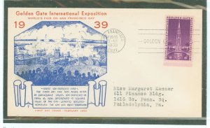 US 852 1939 3c Golden Gate International Exposition on an addressed first day cover with a Cal-craft cachet.