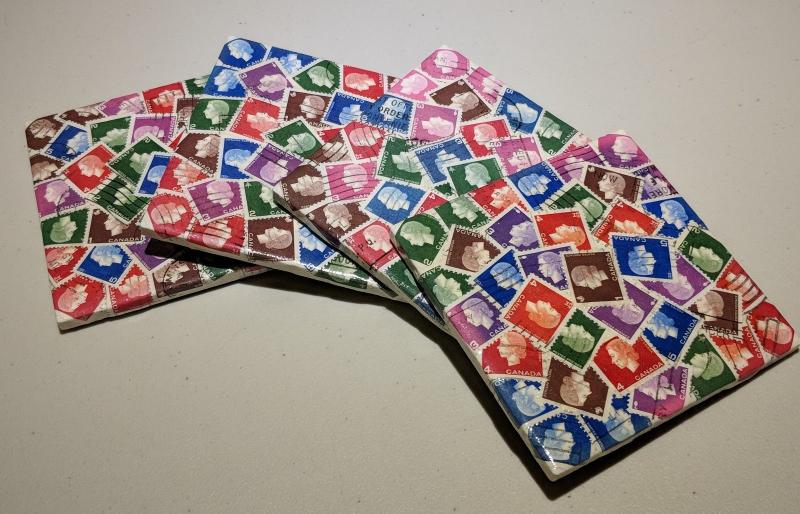 Stamp Pickers Krafty Stamps Brand Name Coasters x 4 Canadian QEII Real Stamps