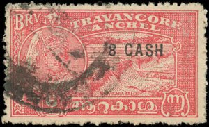 TRAVANCORE (INDIAN STATE) Sc 47 USED-1939 -8 ca on 6 ca - Aruvikara Falls