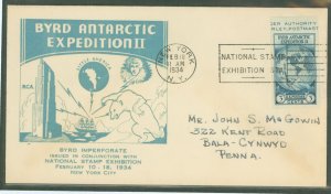 US 735a 1934 3c Byrd Antarctic Expedition II from the Imperf Souv. Sheet on an addressed FDC with a Turquoise UCM Cachet