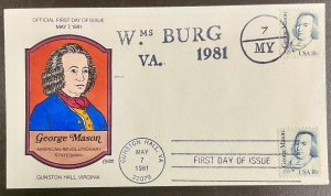 1858 Collins Hand Painted cachet George Mason Dual Cancel FDC 1981