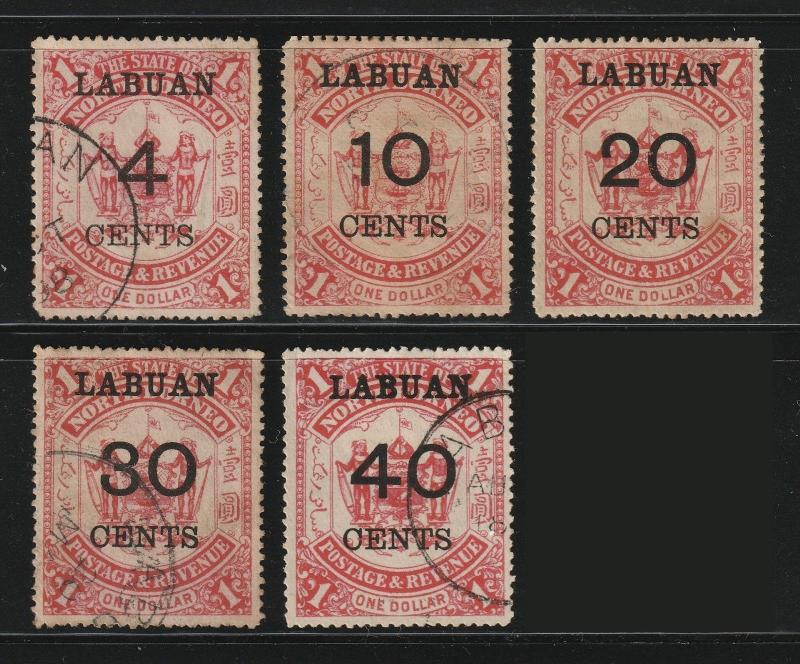 MALAYA North Borneo Labuan Opt 1895 $1 set of 4V used + 1V MH SG#75-79 >CV£120