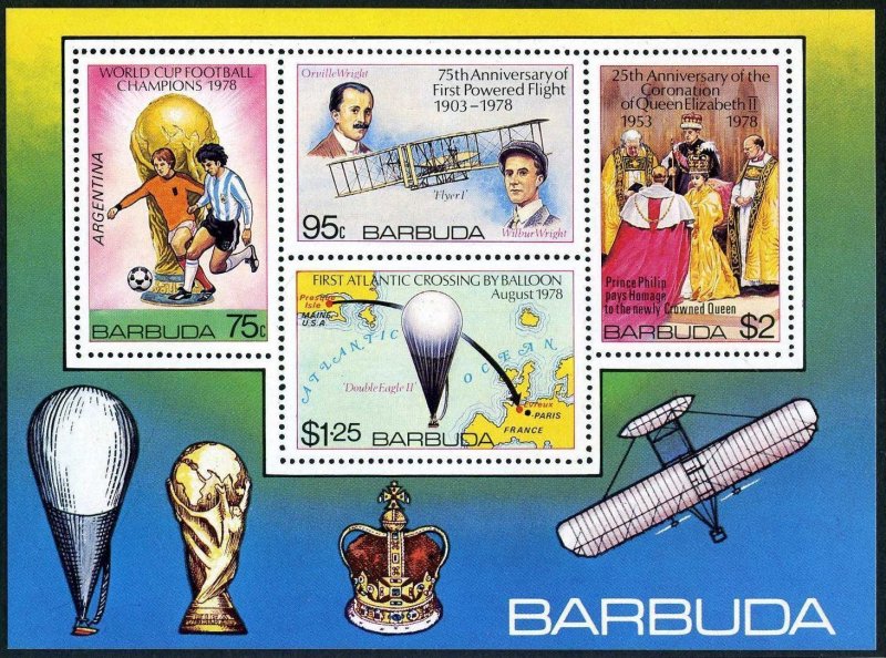 Barbuda 377a ad sheet, MNH. World Soccer Cup Argentina-1978. Wright Brothers-75,