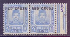 Malaya Trengganu Scott B3 - SG22, 1917 Red Cross 8c Small S Variety MH*