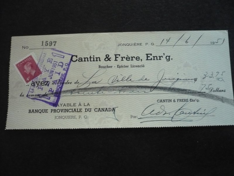 Canada - Revenue - KGVI Stamp on cheque dated 1951