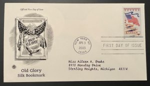 OLD GLORY SILK BOOKMARK APR 3 2003 NEW YORK NY FIRST DAY COVER (FDC) BX2