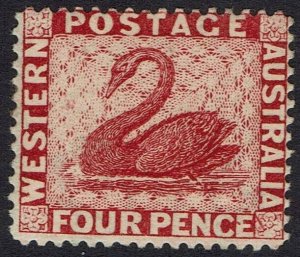 WESTERN AUSTRALIA 1882 SWAN 4D WMK CROWN CA CROWN TO LEFT PERF 14  