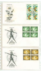 United Nations-Vienna 8/9-10 1980 Woman Decade FDCs, artmaster cachets; 3 different blocks of 4 FDCs, U/A