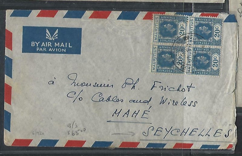 MAURITIUS COVER (P1311B)1949 KGVI 20C BL OF 4 A/M COVER TO SEYCHELLES ARRIVAL BS