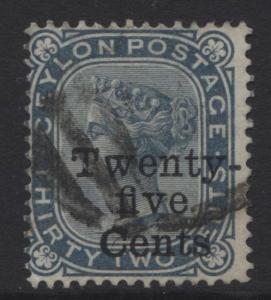 CEYLON -Scott 107 -QV - Overprint 25c on a 32c -1885 - FU - Single  25c  Stamp