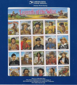 US #2869  29c Legends of the West (recalled) Sheet of 20 (MNH)* CV$200.00