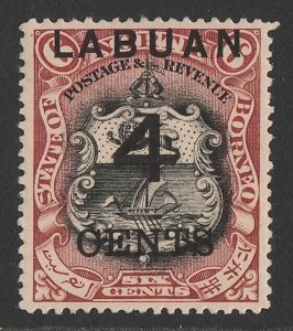 LABUAN 1899 Large '4 CENTS' on Arms 6c black & brown-lake, perf 14½-15.