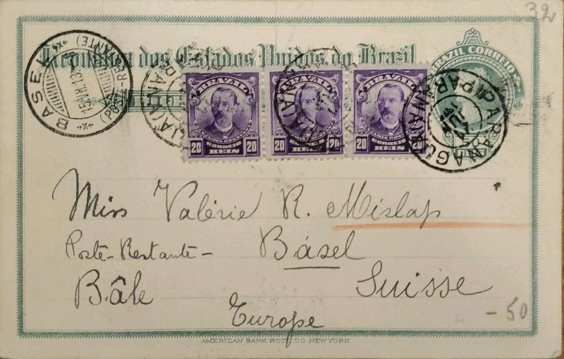 A) 1913, BRAZIL, POSTAL STATIONARY, FROM PARANA TO BASEL SWITZERLAND, BENJAMIN C