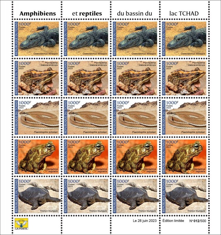 CHAD 2023 SHEET 20V REPTILES - CROCODILE FROGS SNAKES TURTLES TURTLE - MNH-