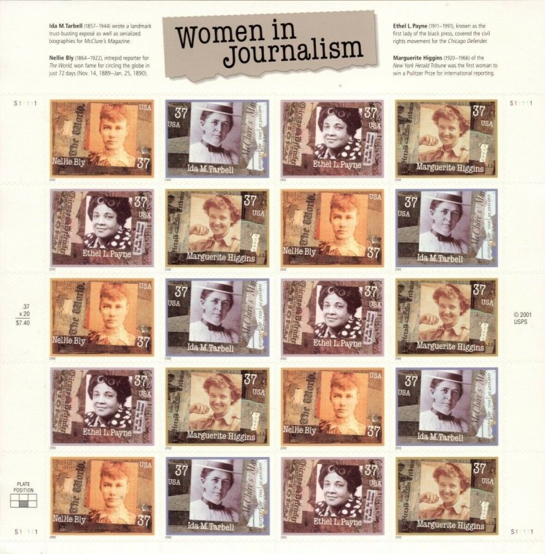 US: 2002 WOMEN IN JOURNALISM; Complete Sheet Sc 3665-68; 37 Cents Values