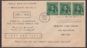1940 Famous Americans Sc 859-19 Washington Irving, Intercity Stamp Co. cachet