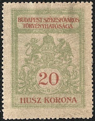 HUNGARY 1920 Budapest Municipal Revenue, Bft #61 Unused H, 20kr