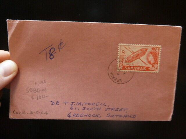 Sarawak QE 8c Sebauh 1964 cover Taxed 8c to Scotland (10bey)