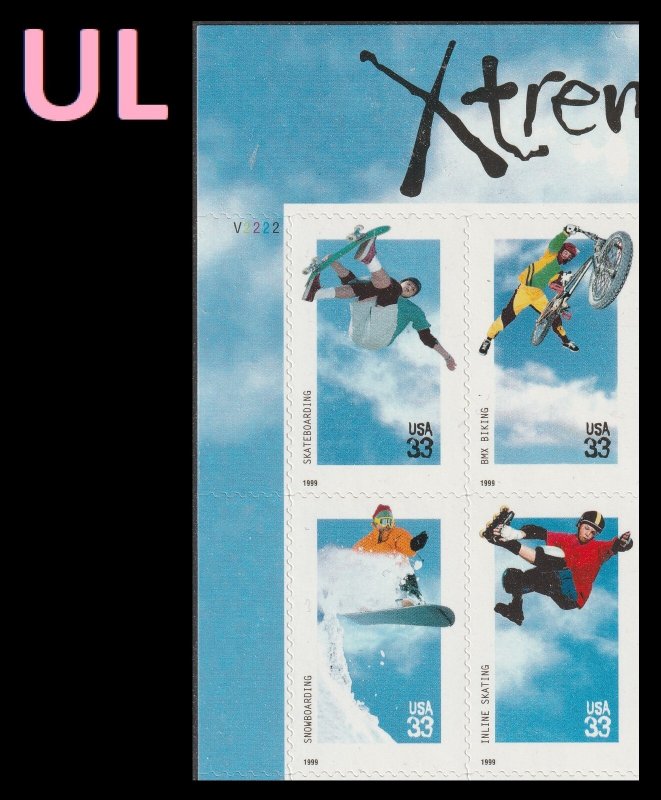 US 3321-3324 3324a Xtreme Sports 33c plate block 4 UL V2222 MNH 1999